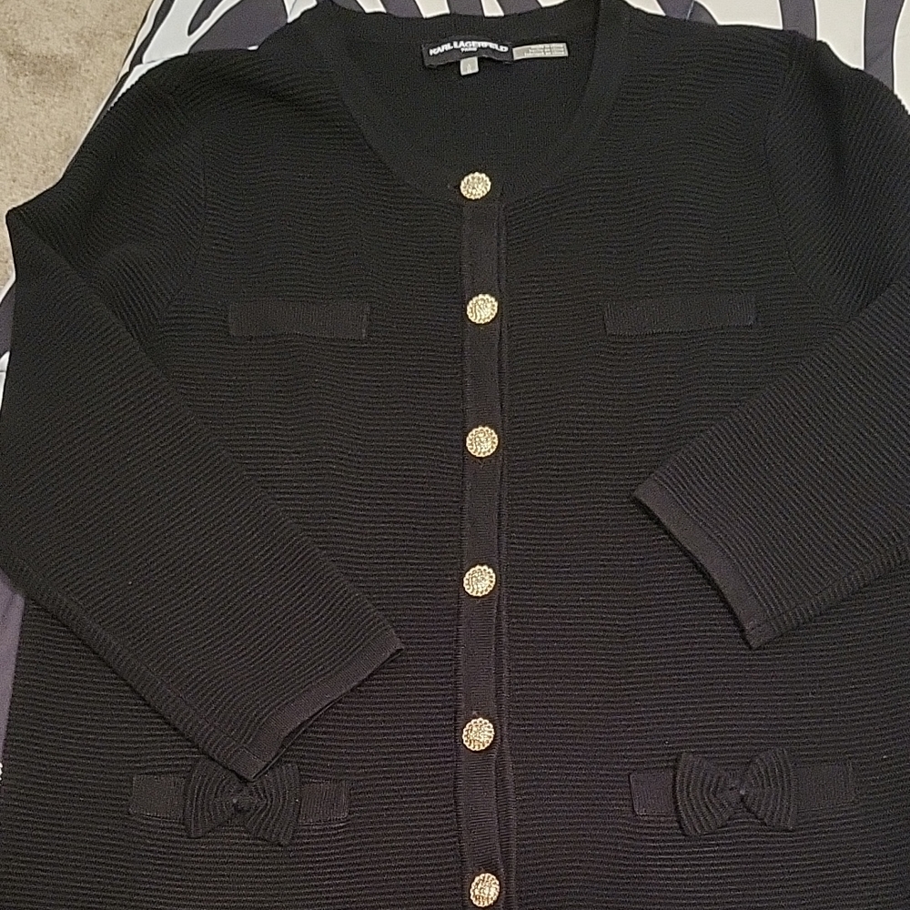 Karl Lagerfield Paris Elegant Black Cardigan with Gold Buttons